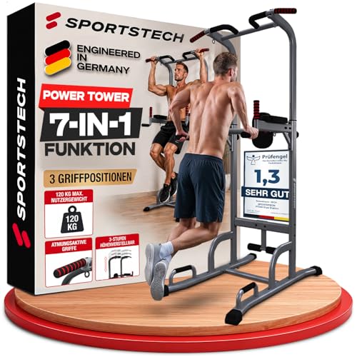 Sportstech 7in1 Power Tower PT300 als Dip Station & Kraftturm, multifunktionale Kraftstation für...