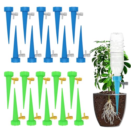 WUSJCOF 20 piezas Kit de riego por goteo, dispositivo ajustable con válvula de control, compatible con botellas de bebidas, ideal para viajes y vacaciones, automático macetas de interior y exterior
