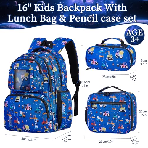 Kids Backpack for Boys, 3Pcs Waterproof Toddler Backpacks with Lunch Box & Pencil Pouch - Lightweight School Backpack Blue Bookbag for Ages 3+ Elementary Middle School Teens - Construction Trucks by FYHMDC - Used condition - Image 2