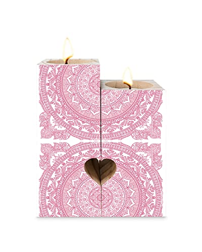 Boho Red Mandala Candle Holders Set, Wooden Tealight Candle Holder Gifts For Women, Vintage Floral Pattern Candlesticks Holder Decor For Wedding Dinning Party #TOP9