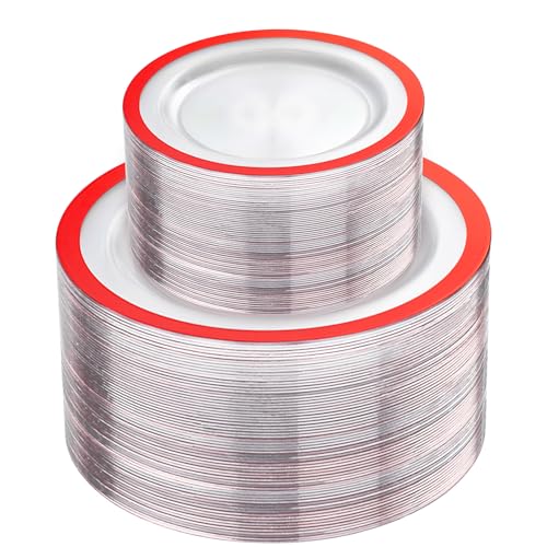 U-QE 120PCS Red Plastic Plates - Clear and Red Plate Disposable Heavy Duty - Include 60 10inch Dinner and 60 7inch Dessert Plates for Party, Wedding, Showers, Birthdays