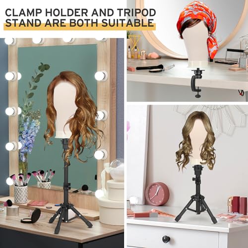 Klvied Wig Mannequin Stand for Desktop, Dual-use 22 Inch Canvas Wig Head Display, Adjustable Clamp Wig Holder, Manikin Head Stand Set for Cosmetology Hairdressing Training with Carrying Case