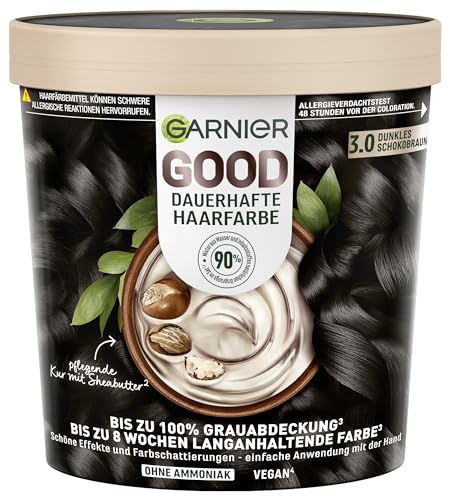 Garnier GOOD Dauerhafte Haarfarbe 3.0 Dunkles Schokobraun – Coloration ohne Ammoniak, bis zu 100% Grauabdeckung, 1 Stk.