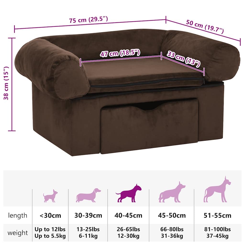 Sofa dla psa z szufladą, brązowa, 75 x 50 x 38 cm, pluszowe drewno sosnowe, tapicerowana, z poszewką nadającą się do prania, antypoślizgowa powierzchnia do leżenia dla szczeniaków, seniorów