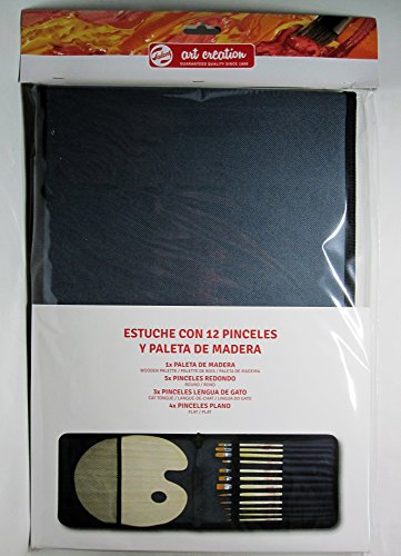 Art Creation - Set De Doce Pinceles Artcreation Mango Largo Para Oleo Y Acrílico En Organizador De Lona Y Paleta De Madera Artcreation Negro En Oferta Estuche Con 12 Pinceles Y Paleta De Madera Art Creation