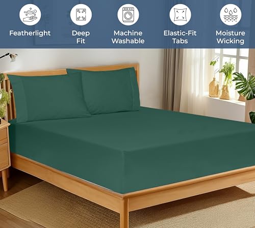 Image of Royale Linens 100% Organic Cotton Fitted Sheet - Percale Weave - Super Soft Deep Pocket Bottom Sheets - Elastic Sheet Twin XL Size - Twin XL Fitted Sheets Only - (39 inchx80 inch+15 inch, Hunter Green)