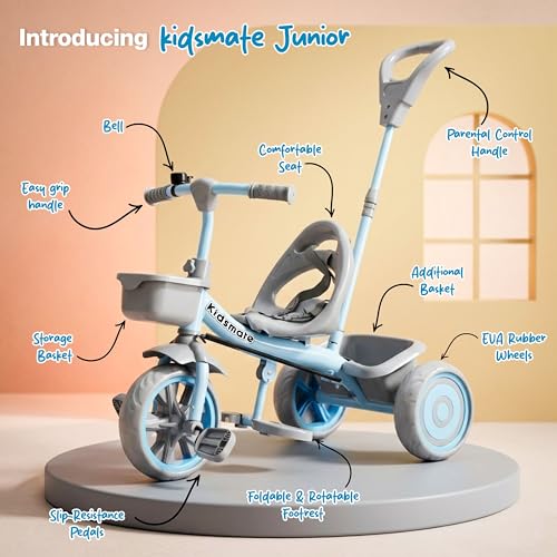 Image of Kidsmate Junior Tricycle for Kids with Parental Control | Cycle for Kids 1-4 Years | Baby Cycle | Bicycle with Storage Basket, Cushion Seat and Seat Belt Carrying Capacity 30 Kgs (Blue-Grey)