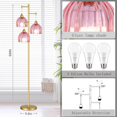 Image of ZECOXOL Dimmable Floor Lamps for Living Room-3 Light Gold Vintage Floor Lamp with Glass Lampshape & Three Bulbs,Modern Mid Century Standing Lamp Green Flower Tall Tree Floor Lamp for Bedroom Corner