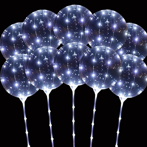 Hokoad LED Balloons Light Up, 10 Pack LED Balloons with Sticks, 20 Inch Clear Bobo Balloon with Lights Helium Glow Bubble Lights for Party Supplies Valentines Decor (Cold White)