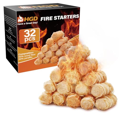 HGD Fire Starter(32pcs), Natural Charcoal Starters, Firestarters for Indoor Fireplace, BBQ, Campfire, Wood Stove, Chimney, Fire Pit, Grill, Smoker, Indoor Outdoor Use, Weather-Resistant,
