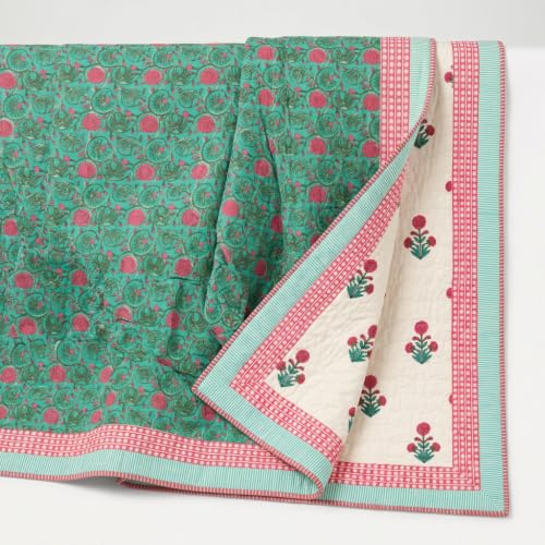 Image of Peepul Tree Hand Block Printed 100% Cotton Malmal AC Comforter 60x90 Inches, Best for Summers Lightweight, Soft, Breathable & Reversible AC Blanket for Single Bed, Floral White & Blue