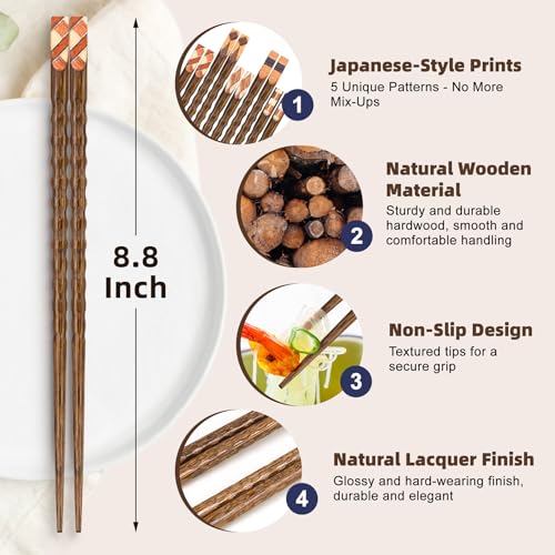Image of Antner 5 Pairs Wooden Chopsticks Reusable Classic Japanese Style Chop Sticks Dishwasher Safe Hand-Carved Hardwood Chopsticks for Sushi, Ramen, Hot Pot and Asian Cuisine, 8.8 Inch /22.5cm Gift Set