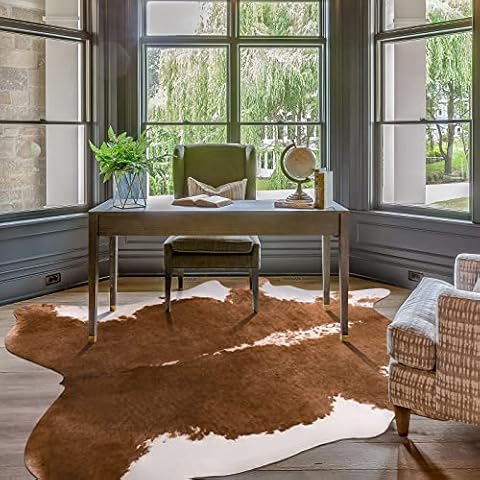 Amearea Faux Cow Hide Rug, Vintage Western Home Decor Cow Print Rugs for Living Room, Faux Leather Animal Cowhide Carpet for Bedroom, Dining Traditional Cow Print Stuff Carpets, Khaki 5.2x4.6 Feet Cover