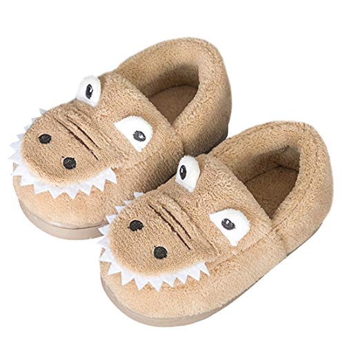 Boys Girls Warm Dinosaur House Slippers Toddler Kids Fuzzy Indoor Bedroom Shoes, Khaki, 3.5-4.5 Toddler