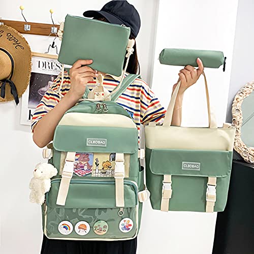 Skyearman 4 Pcs Backpack Combo Set With Bear Pendant Canvas Kawaii School Bag Sets With Pencil Box Lunch Box Bag (Green) #TOP1