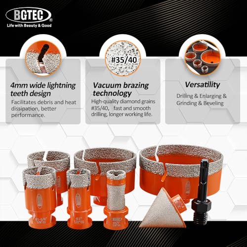 Image of BGTEC Diamond Hole Saw Kit - 8PCS 25 /35 /50 /75 /100mm Core Bit + 20mm Finger Bit + 50mm Chamfer Bit + SDS Adapter for Porcelain Tile, Ceramic, Marble, Granite