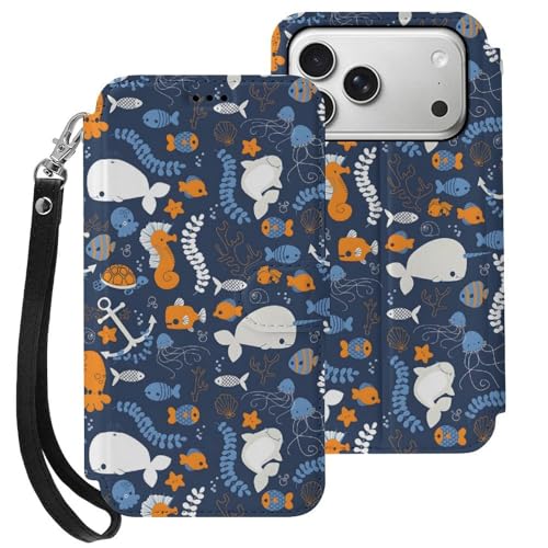 iphone 17用 ケース 鯨 タツノオトシゴ タコ 魚 カメ 手帳型 と互換性のある カード収納 いphone17用 カバー 手帳型 Puレザー 横置きスタンド機能 折りたたみ スマホケース スタンド付き アイフォン 17用 ケース 内蔵マグネット 開