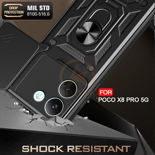 Image of Armor Bumper Back Cover Case for Poco X8 Pro 5G | Rotating Camera Cover, Ring Holder & Kickstand | Heavy Duty & 360 Degree Protection Poco X8 Pro 5G Back Cover (Black)