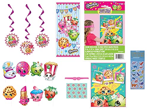 Shopkins Birthday Party Supplies Bundle Pack includes 3 Hanging Swirl Decorations, 1 Plastic Door Poster, 8 Photo Props, 1 Party Game for up to 16 Players (4 Pack Bundle)