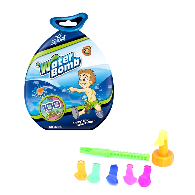 100 Water Balloons, Filler Nozzle & Tying tool Included, Mini Latex Water Bombs for Outdoor Summer Games, Multicoloured, Random Colour, Easy to Fill, Perfect for Water Fights (1 Pack of 100 + Filler)