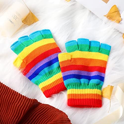 eBoot Winter Unisex Thermal Fingerless Gloves Rainbow Striped Knit