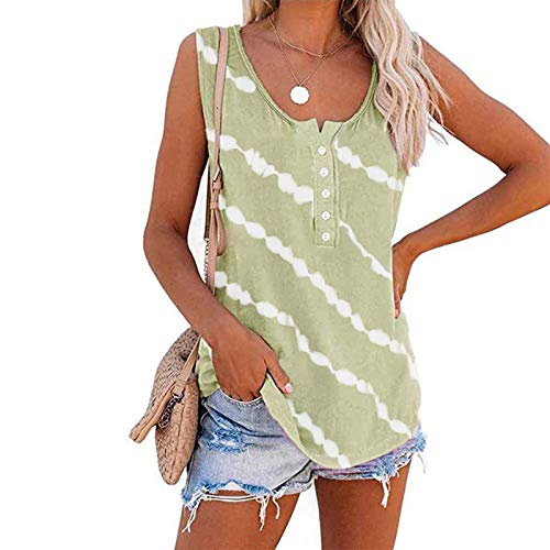 OutTop Women s Summer Tank Tops Trendy Button Down Stripe Sleeveless Shirts Comfy Crewneck Cotton Tees Tunic Top Blouse (Green, L)