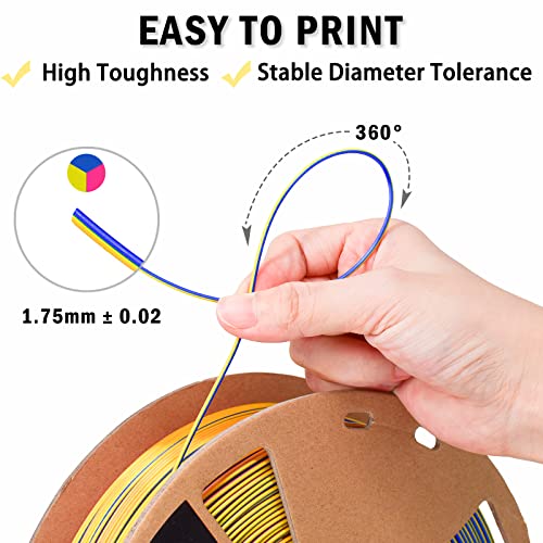 Image of OVV3D Silk PLA Filament 1.75mm+ /- 0.02mm, Tri-Color 3D Printer Filament High Speed Printing PLA+ Pro, Better Strength 3D Filament, Red Yellow Blue 1kg / 2.2lbs