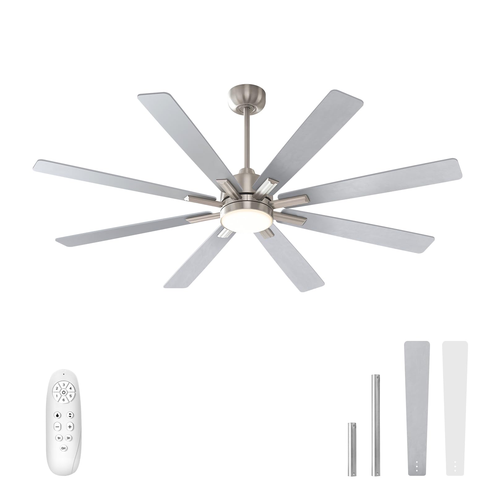 warmiplanet Ceiling Fans with Lights and Remote Control, 62-Inch, Reversible Silent DC Motor, 6 Speeds, 3 Color Dimmable LED Light, Timer, Nickel, 8-Blades