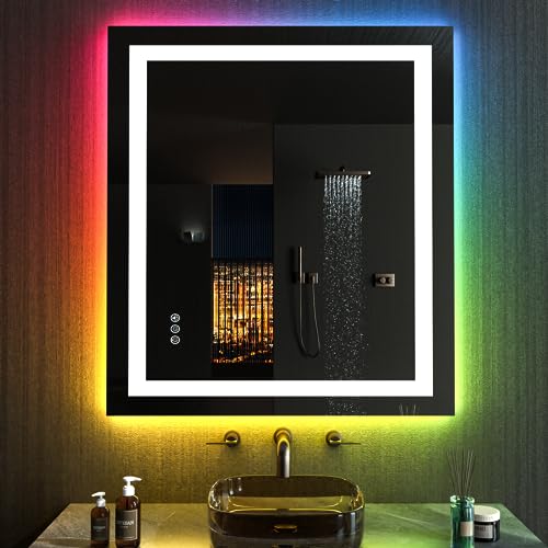 LOAAO 28"X32" LED Bathroom Mirror with Lights, Anti-Fog, Dimmable, RGB Backlit + Front Lighted, Bathroom Vanity Mirror for Wall, Memory Function