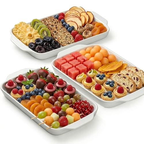 Dizada Large Serving Platter with Handles 16'x9' - White Porcelain Serving Trays Set of 3, Rectangular Platters for Entertaining, Party, Appetizer, Charcuterie