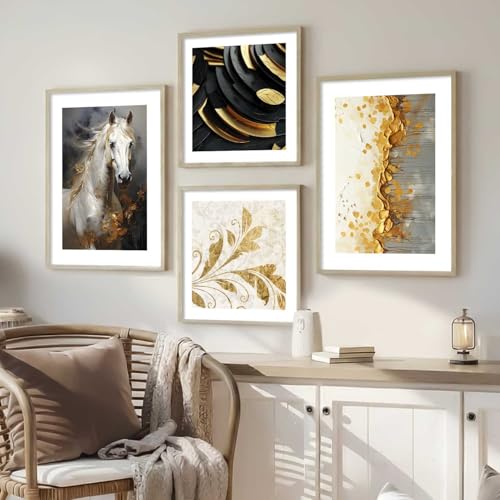 Image of kotart Premium Paintings with Frame for Home Decoration - Modern Art Golden Horse Painting for Living Room Bedroom Office Wall Decoration - Pack of 4 (Art 5, Small (10x13 or 10x10 inch))