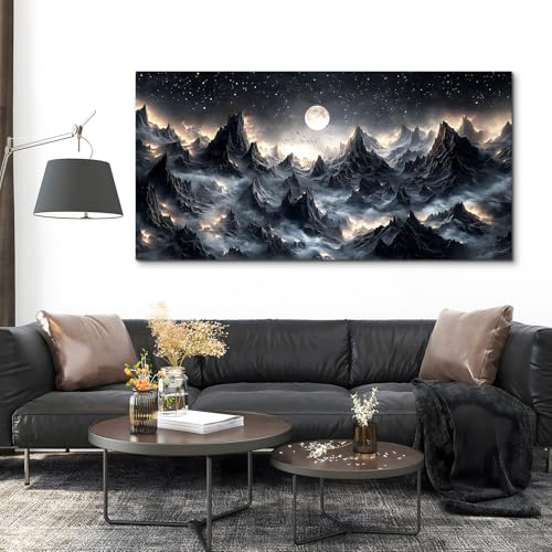 SERIMINO Large Wall Art for Living Room, Mountain Landscape Wall Decor, Fantasy Abstract Art Prints, Moonlit Night Black Canvas Painting, Cool Modern Pictures Home Decor for Bedroom 30"X60"