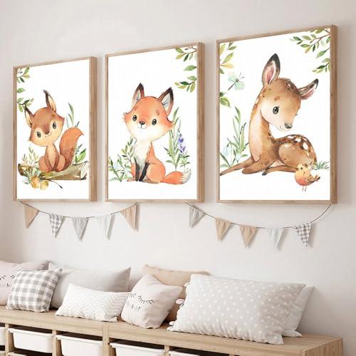 3 Affiche Animaux de la Jungle Poster Bébé Garcon Renard Ecureuil Cerf Beige Brun Tableau Decoration Murale Enfant 30X40CM Toile Animaux de la Foret Deco...