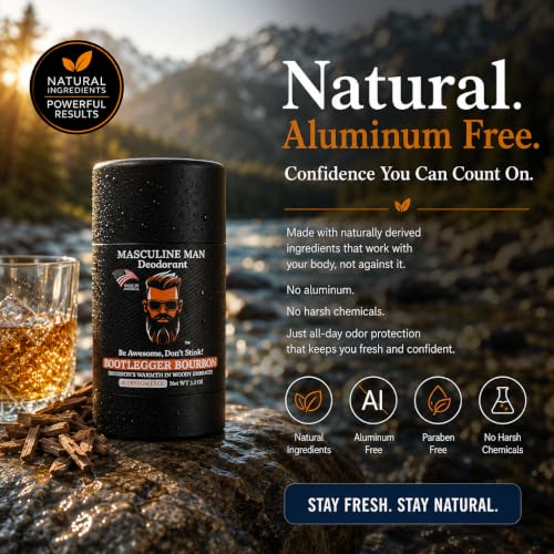 Image of Deodorant for Men - Aluminum Free Mens Deodorant, Natural Deodorants, Sweat Protection for Underarm, Stain-Free Deodorants, Made in USA, 3.2oz (2 Pack, Bootlegger Bourbon)