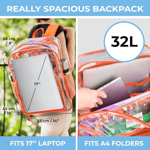 Image of SHYLERO Clear Backpack Heavy Duty has TSA Lock, 2-WAY Zipper. PVC Transparent Backpack Is Extra Large - H18''xW14''xD8 - Orange