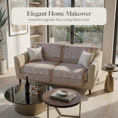 Image of Kuber Industries 2 Seater Sofa Cover | Slipcover for Living Room | Thick & Cozy | Non-Slip Comfort Sofa Cover Set Set | Rajasthani Border Malibu 1351 - Brown