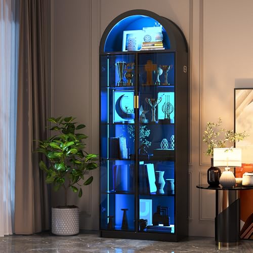 Arch Display Cabinet with Doors and Adjustable Shelves, 76" Tall Curio Cabinet with LED Lights/Storage Space, 6 Tier Display Case Bookcase for Collectibles Bedroom Living Room Office, Black
