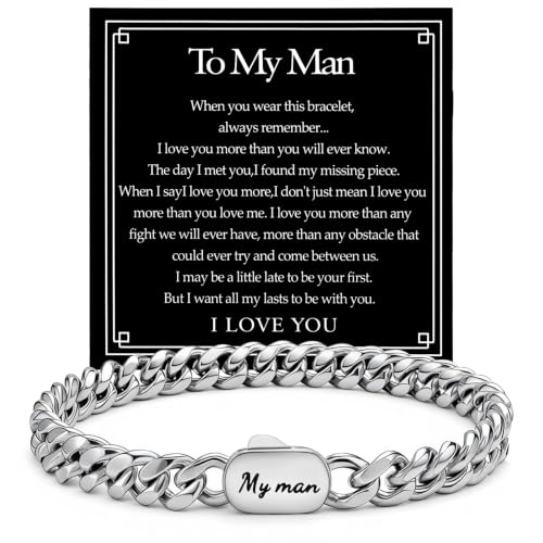 Joykee Men Bracelets Gifts for Men Dad Son husband Cuban Chain Bracelet Engraved Bracelet Presents for Birthday Fathers Day Christmas Valentines Day Graduation (8.2 10mm My Man)