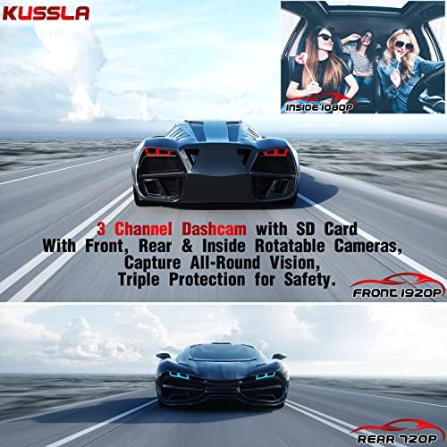 Dash Cam Front and Rear Inside 3 Channel Dashcam for Cars 1080P Dash Camera Adjustable Lens 3 Ways Triple Car Electronics w 32GB card G-sensor Parking Monitor Loop Recording Night Vision