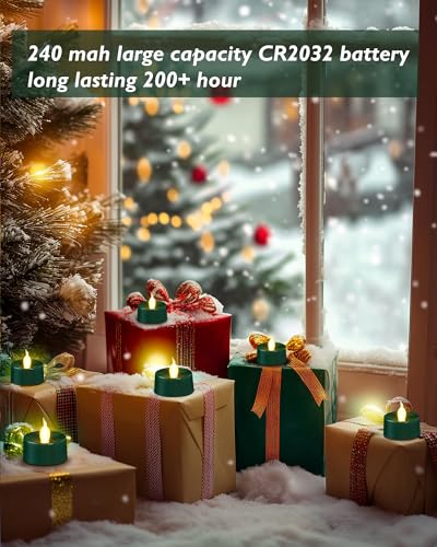 Image of merrynights Green LED Candles, 24 Pack Tea Lights Candles Battery Operated, Flameless Tealight Candle, Realistic Tea Lights for Halloween Christmas Party Decor Mardi Gras