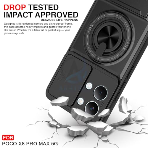 Image of AESTMO Poco X8 Pro Max 5G Back Cover | Armor Camera Slider 360 Degree Rotating Finger Ring Holder Case with Bracket Stand Back Case Cover (Compatible with MagSafe Accessories) (Black)
