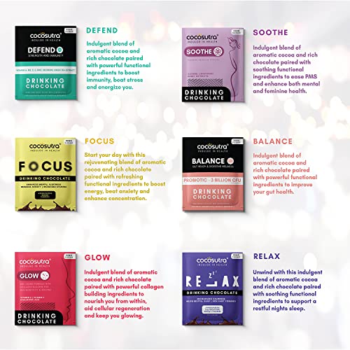 Image of COCOSUTRA LITE Sugar-Free Drinking Chocolate Mix | 12 Single-Serve Sachets (20g Each) | 6 Functional Variants | Defend, Balance, Relax, Focus, Soothe & Glow | No Sugar | Low Carb | Low Calorie | Stevia & Erythritol Sweetened | Vegan | 240g