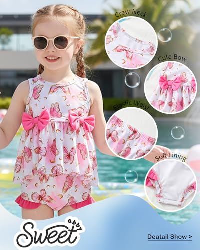 Image of Toddler Girl Swimsuit Baby Girl Bathing Suit Long Sleeve Floral Zipper One-Piece Rash Guard Swimsuit with Hat