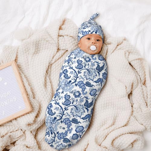 Image of Blue and White Porcelain Floral Vintage Chinoiserie Newborn Swaddle Blankets Baby Stuff Soft Swaddling Blanket with Beanie Sets Gifts for Infant Boys Girls