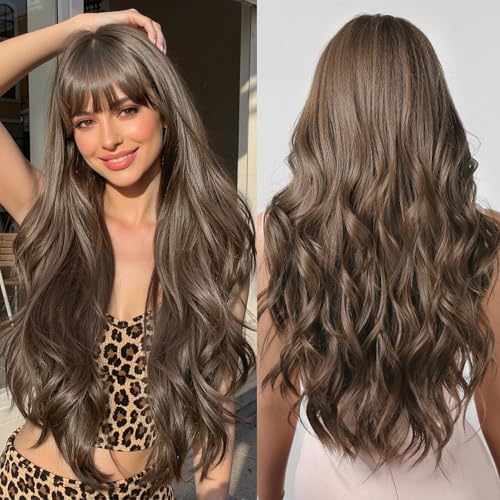 28IN Brown Wig Long Chocolate Brown Wigs for Black Women Fluffy Wave Curly Hair Wig with Bangs Heat Resistant Synthetic Fiber Wig For Girl Party Wear
