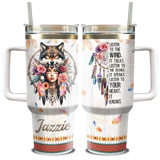 WAZONE Personalized Native American 40oz Tumbler with Handle and Straw Lid Insulated Cup Stainless Steel Coffee Mug Custom Name Inspiration for Women Vintage Wolf Skull Flower Indigenous Girls