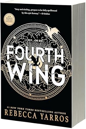 Fourth Wing by Rebecca Yarros, a fantasy book cover depicting a golden, circular emblem with clouds and dragons against a black background. The title is written in white letters on the emblem.