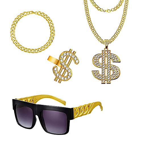 Kit de costume de rappeur avec chaîne plaquée or, pendentif signe dollar, bague et bracelet - Accessoires de déguisement de hip-hop pour homme