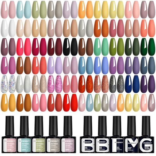 Phoenixy Pintauñas Semipermanentes 55 Colore Esmalte Semipermanente para Uñas con Base y Top Coat Brillante Mate y Glitter Kit de Uñas Semipermanentes