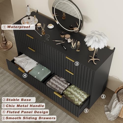 Image of Fluted 6 Drawer Dresser for Bedroom, 55 inch Wide Modern Wooden Chest of Drawers with Metal Handles, TV Stand & Closet Storage Organizer for Living Room,Hallway, Black